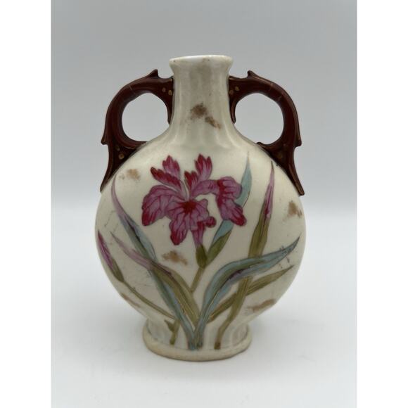 Antique Carlsbad Austria Porcelain Hand Painted Double Handle Floral Bud Vase 6” - Picture 1 of 11